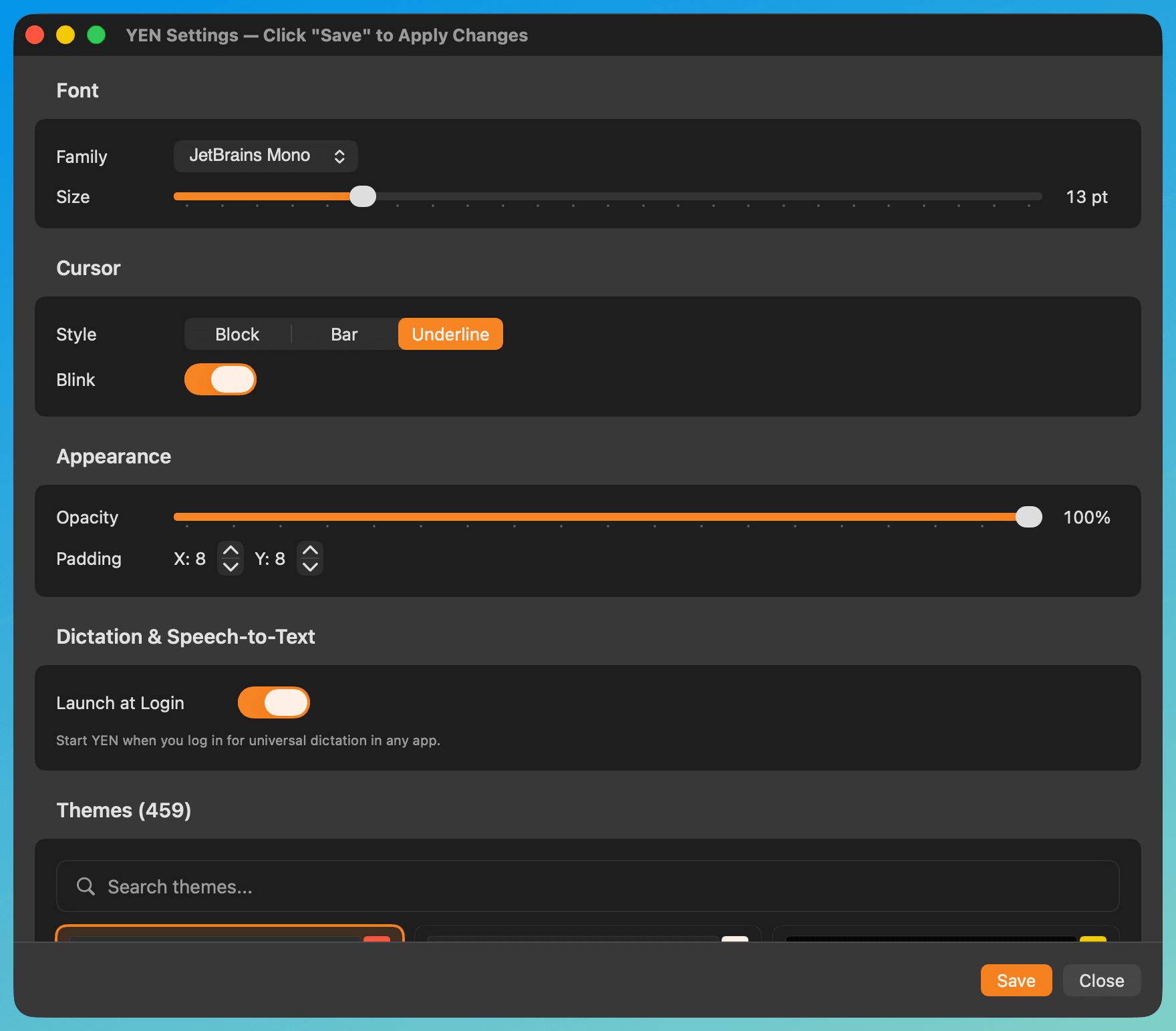 YEN Settings panel showing font, cursor, appearance, and dictation options