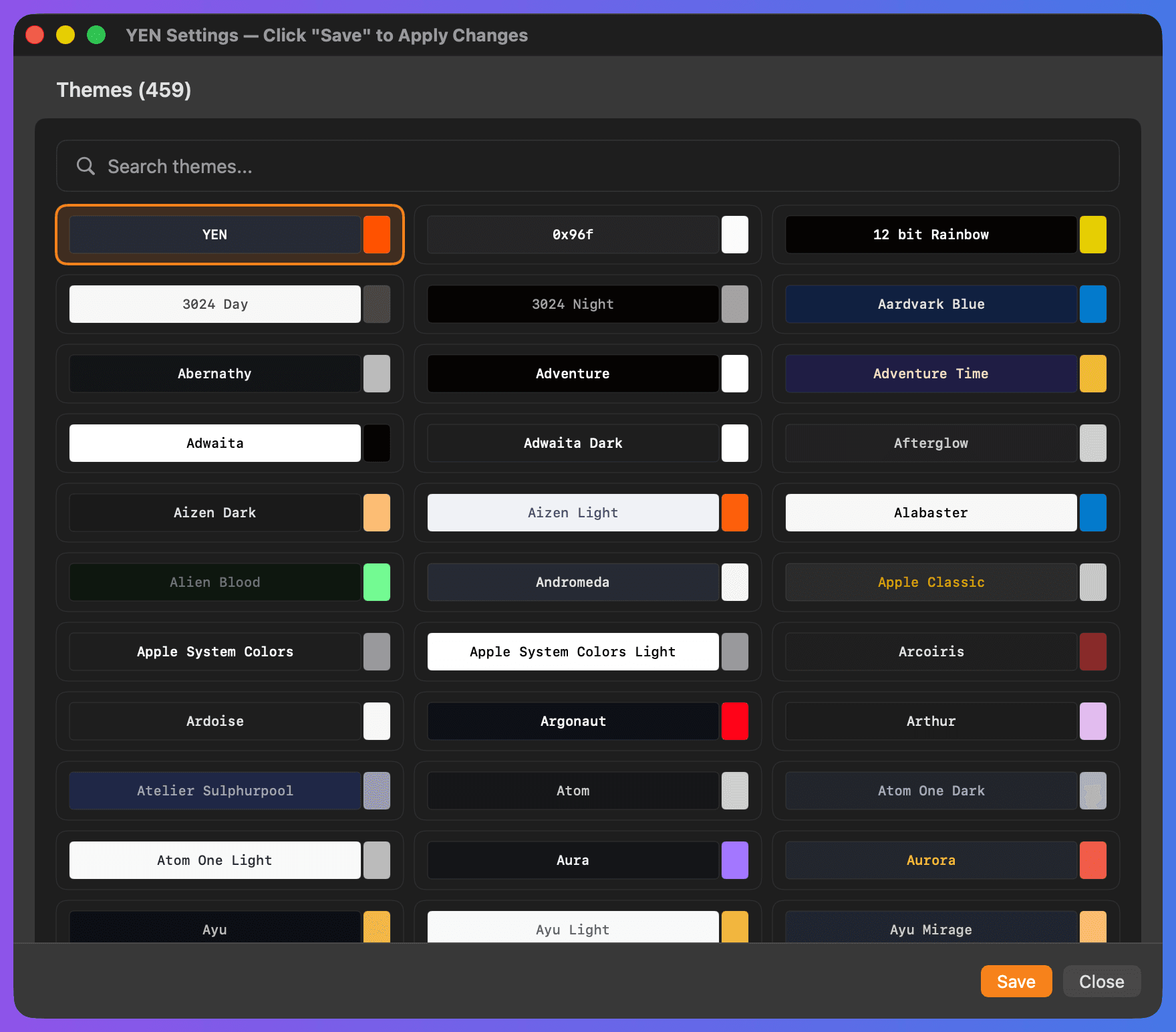 YEN Settings panel showing 72 curated bundled themes with search and color previews