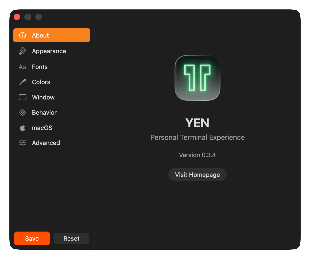 YEN Settings - About panel showing app version and homepage link
