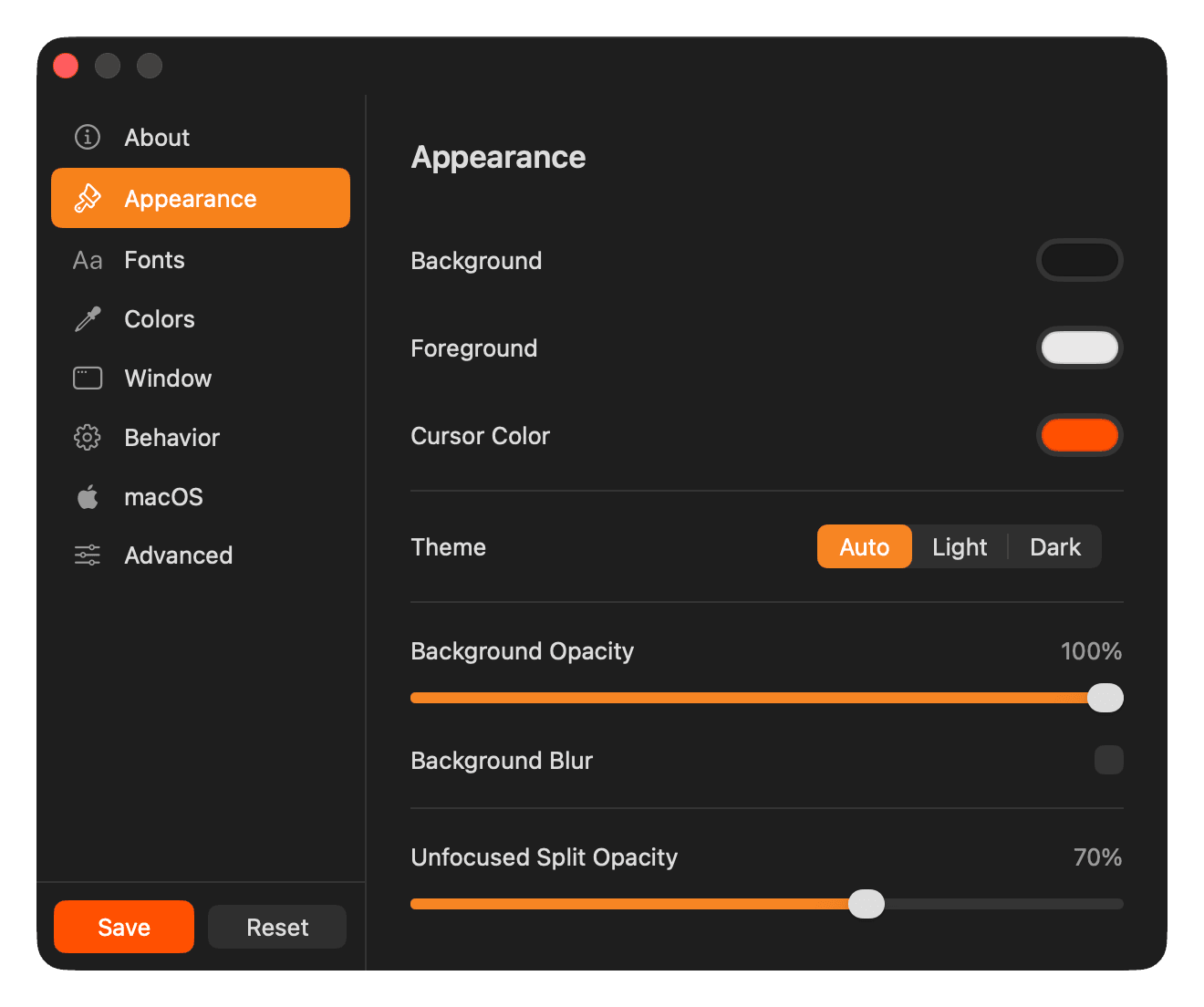 YEN Settings - Appearance panel with color and opacity controls