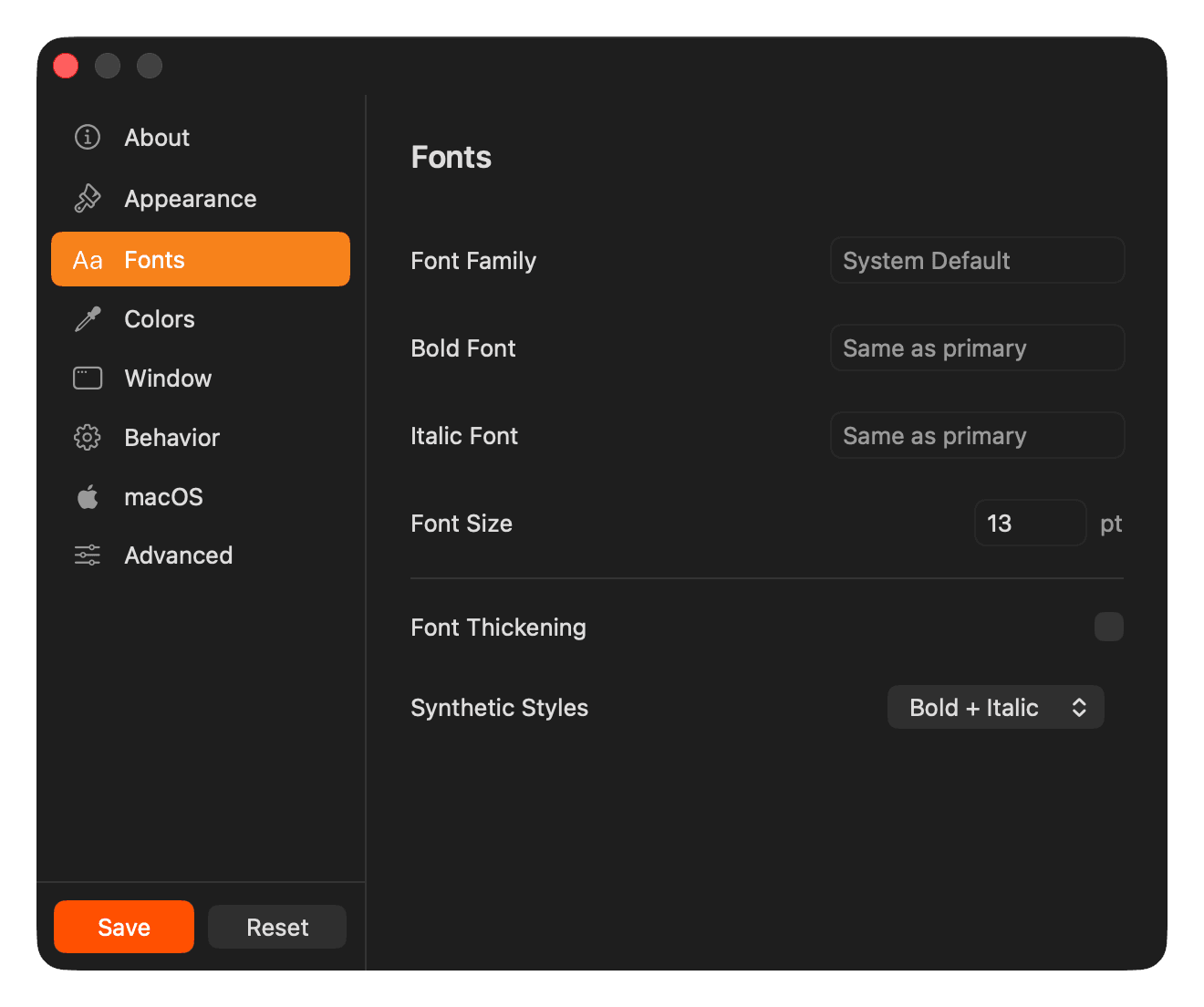 YEN Settings - Fonts panel with font family and size options