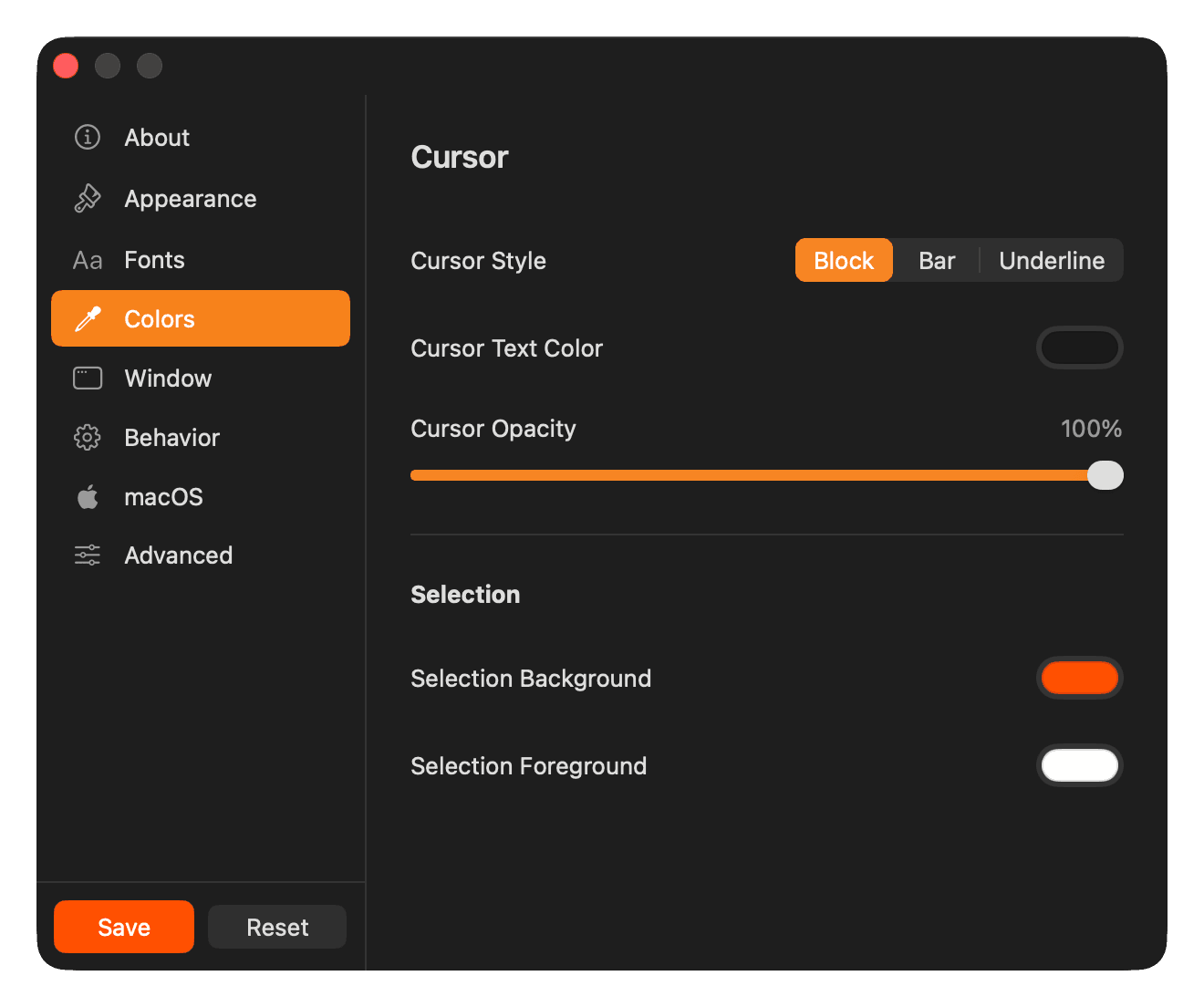 YEN Settings - Colors panel with cursor and selection options