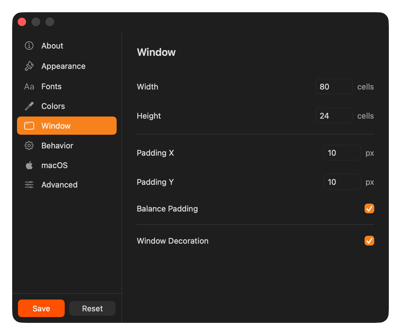 YEN Settings - Window panel with size and padding controls