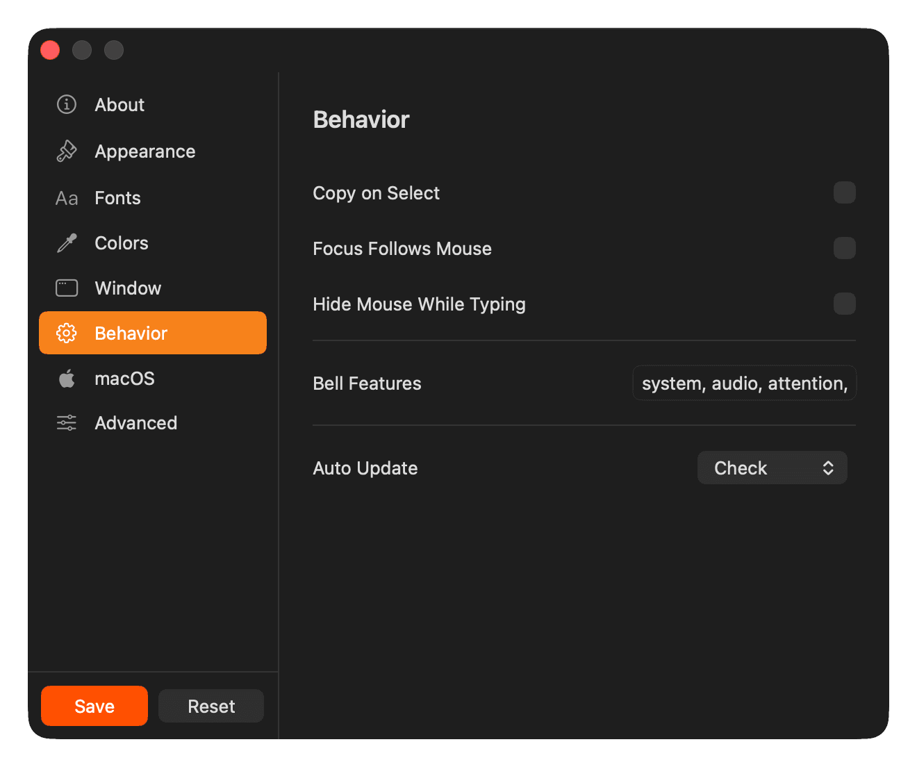 YEN Settings - Behavior panel with mouse and bell options