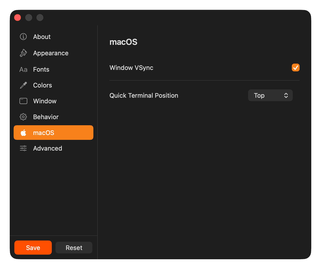 YEN Settings - macOS panel with VSync and Quick Terminal options