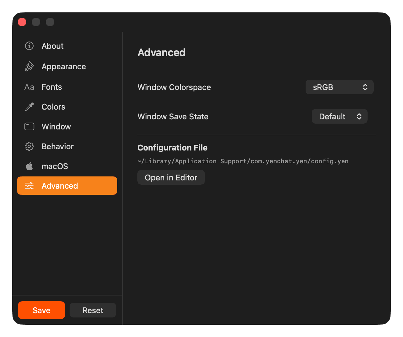 YEN Settings - Advanced panel with colorspace and window state